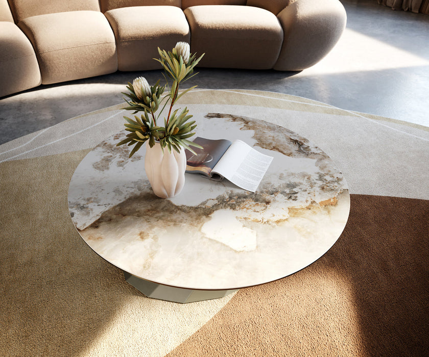 Round Coffee Table Aurora 90x90cm Ceramic Minas Melange Beige Parabi Frame Metal Titanium
