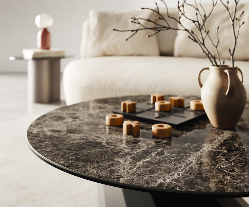 Round Coffee Table Aurora 90x90cm Ceramic Emperador Extra Lucidato Parabi Frame Metal Black