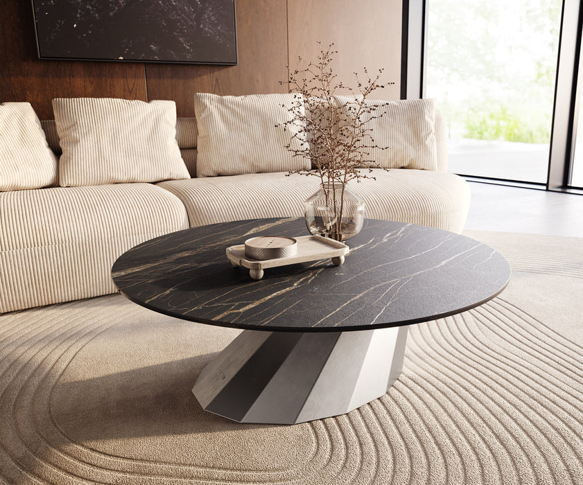 Round Coffee Table Aurora 100x100cm Ceramic Noir Desir Brown Parabi Frame Stainless Steel Silver
