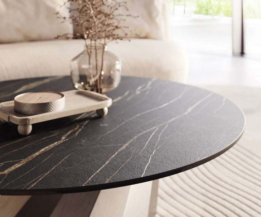Round Coffee Table Aurora 100x100cm Ceramic Noir Desir Brown Parabi Frame Stainless Steel Silver