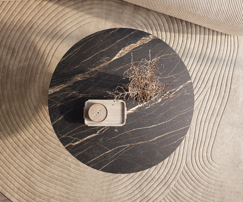 Round Coffee Table Aurora 100x100cm Ceramic Noir Desir Brown Parabi Frame Stainless Steel Silver