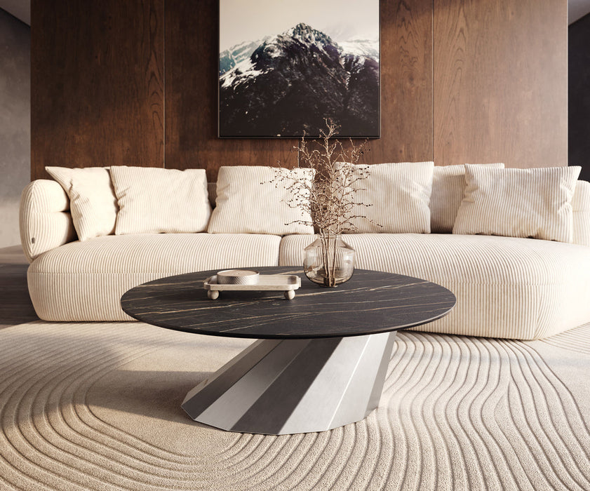Round Coffee Table Aurora 100x100cm Ceramic Noir Desir Brown Parabi Frame Stainless Steel Silver