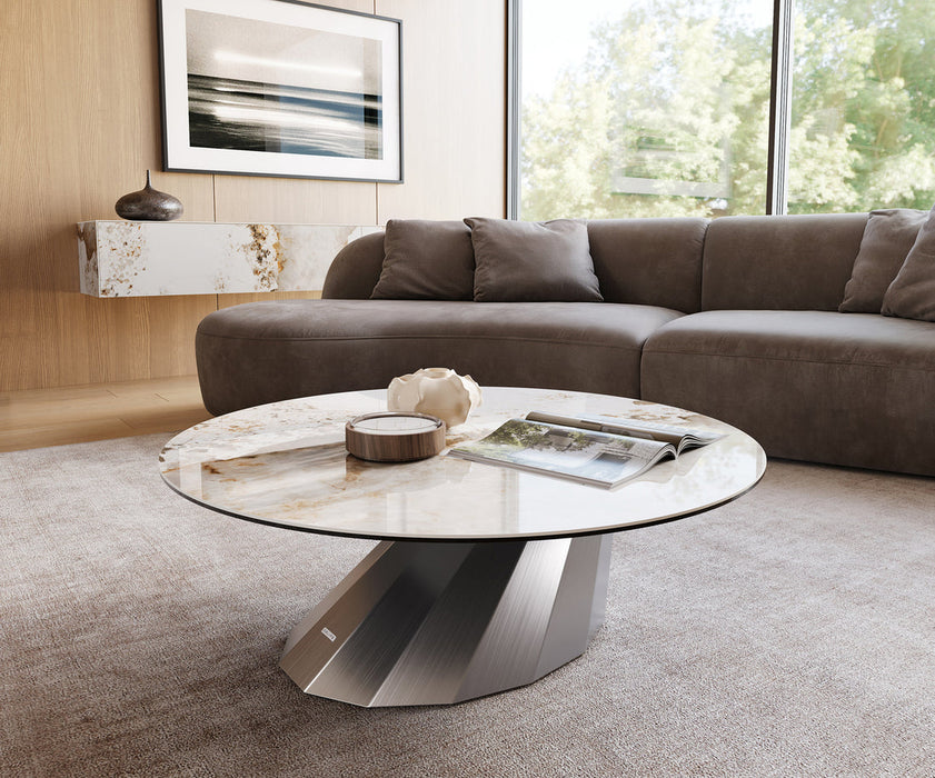 Round Coffee Table Aurora 100x100cm Ceramic Minas Melange Beige Parabi Frame Stainless Steel Silver