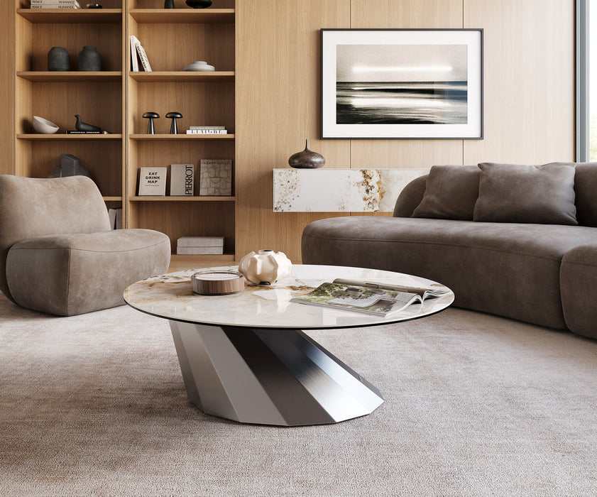 Round Coffee Table Aurora 100x100cm Ceramic Minas Melange Beige Parabi Frame Stainless Steel Silver