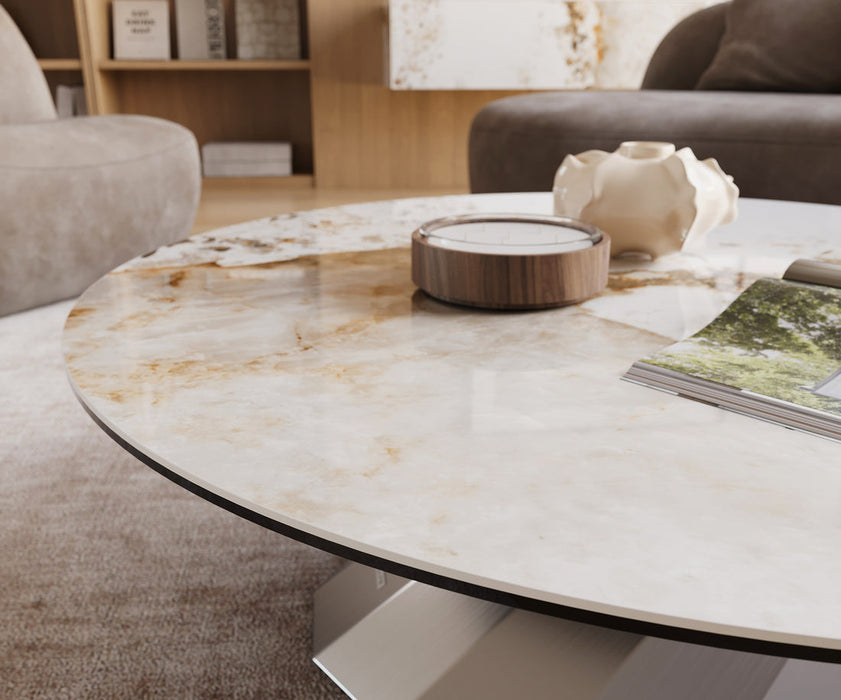 Round Coffee Table Aurora 100x100cm Ceramic Minas Melange Beige Parabi Frame Stainless Steel Silver