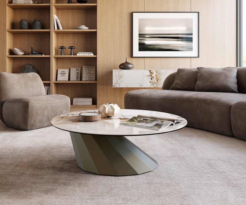 Round Coffee Table Aurora 100x100cm Ceramic Minas Melange Beige Parabi Frame Metal Titanium
