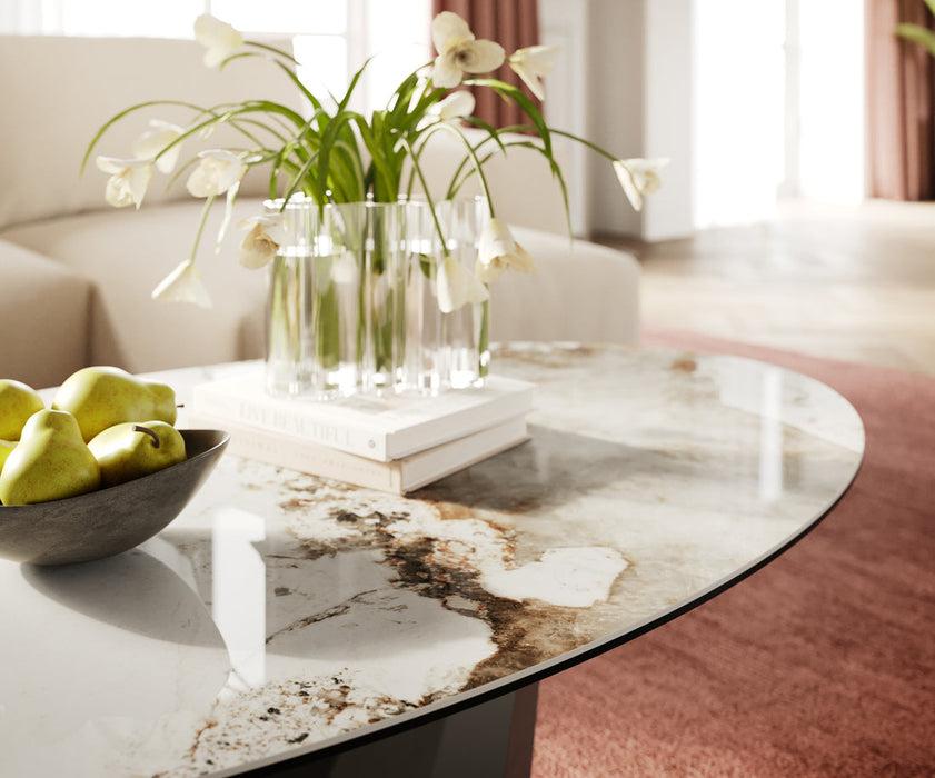 Oval Coffee Table Aurora 140x80cm Ceramic Minas Melange Beige Parabi Frame Metal Titanium