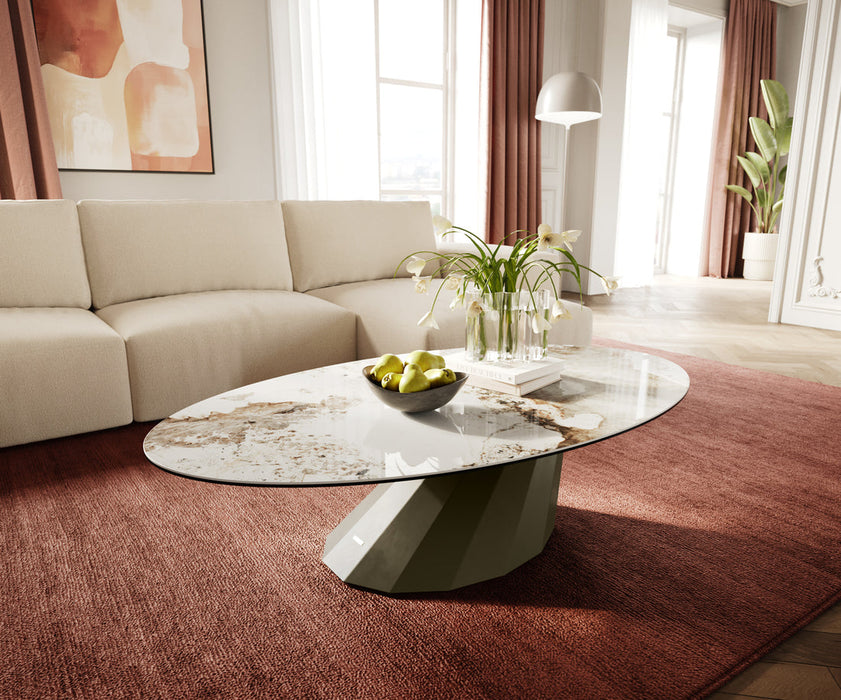 Oval Coffee Table Aurora 140x80cm Ceramic Minas Melange Beige Parabi Frame Metal Titanium