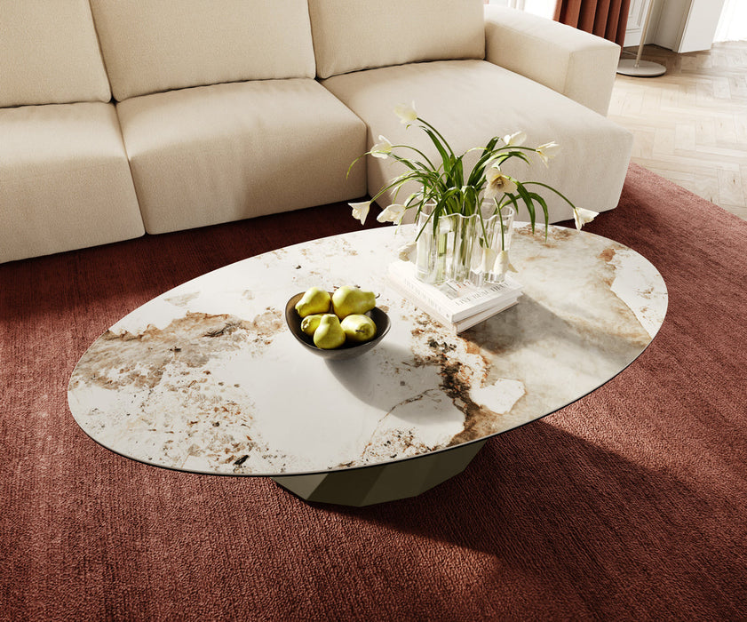 Oval Coffee Table Aurora 140x80cm Ceramic Minas Melange Beige Parabi Frame Metal Titanium