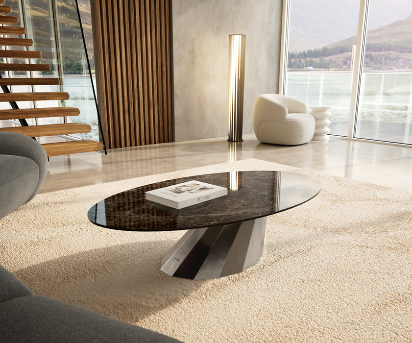 Oval Coffee Table Aurora 140x80cm Ceramic Emperador Extra Lucidato Parabi Frame Stainless Steel Silver
