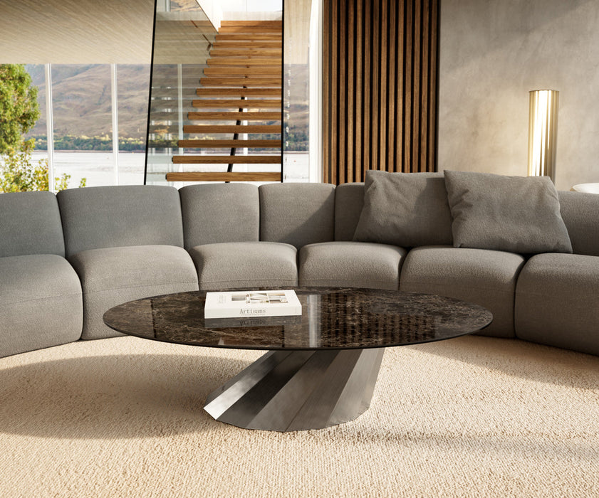 Oval Coffee Table Aurora 140x80cm Ceramic Emperador Extra Lucidato Parabi Frame Stainless Steel Silver
