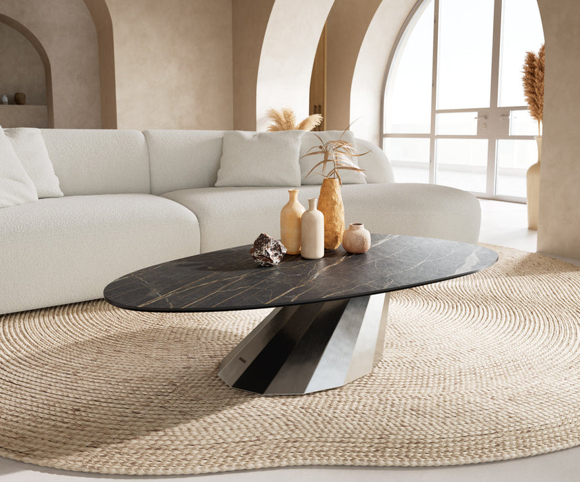 Oval Coffee Table Aurora 140x75cm Ceramic Noir Desir Brown Parabi Frame Stainless Steel Silver