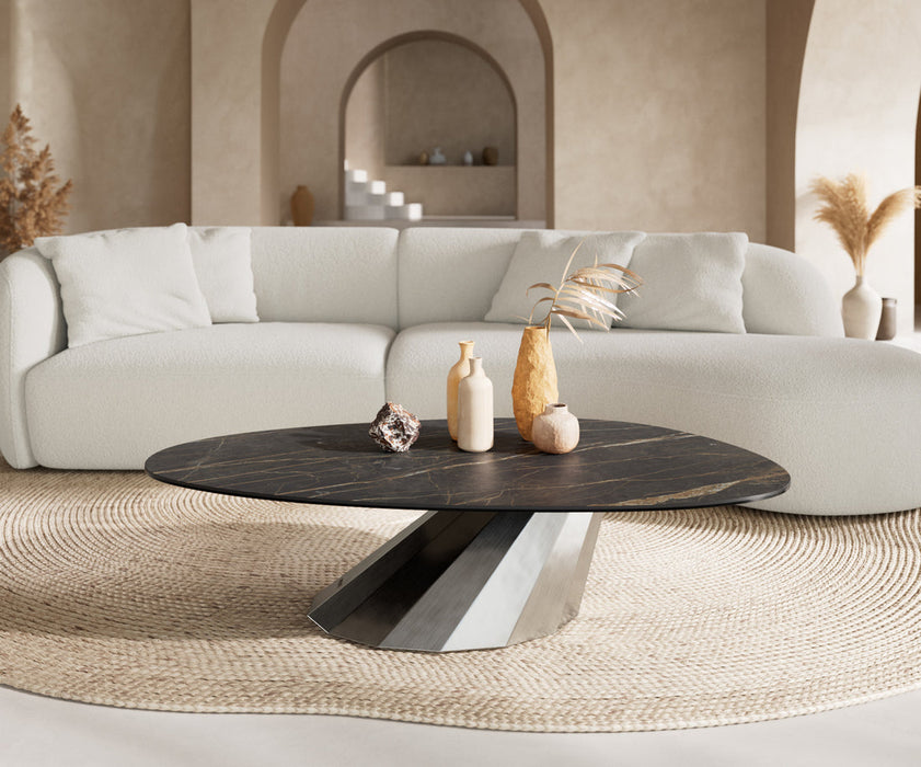 Oval Coffee Table Aurora 140x75cm Ceramic Noir Desir Brown Parabi Frame Stainless Steel Silver