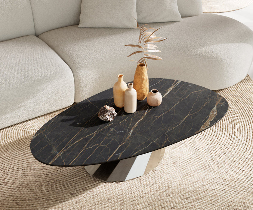 Oval Coffee Table Aurora 140x75cm Ceramic Noir Desir Brown Parabi Frame Stainless Steel Silver