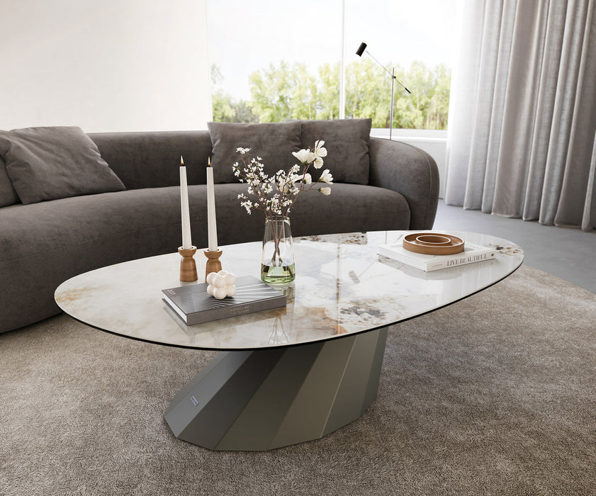 Oval Coffee Table Aurora 140x75cm Ceramic Minas Melange Beige Parabi Frame Metal Titanium
