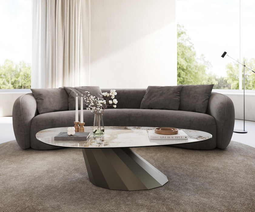 Oval Coffee Table Aurora 140x75cm Ceramic Minas Melange Beige Parabi Frame Metal Titanium