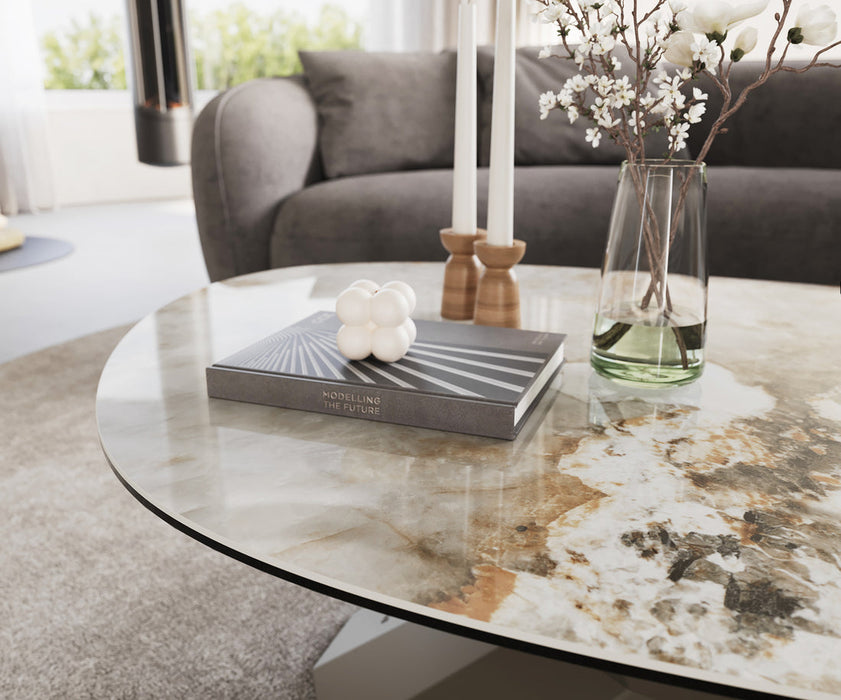 Oval Coffee Table Aurora 140x75cm Ceramic Minas Melange Beige Parabi Frame Metal Titanium