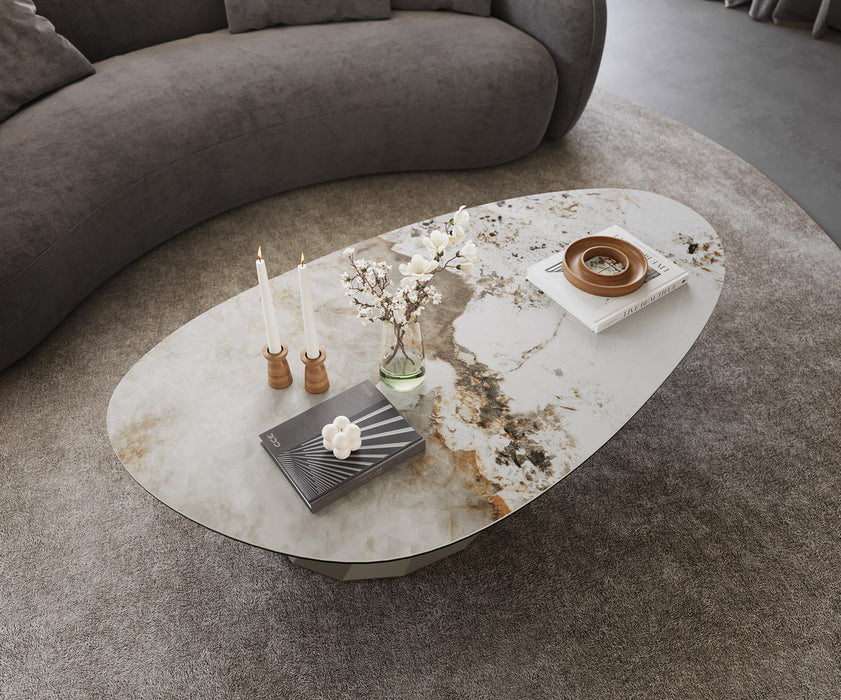 Oval Coffee Table Aurora 140x75cm Ceramic Minas Melange Beige Parabi Frame Metal Titanium