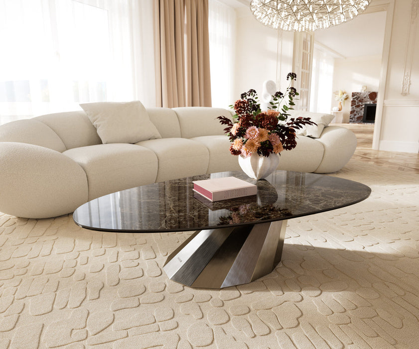 Oval Coffee Table Aurora 140x75cm Ceramic Emperador Extra Lucidato Parabi Frame Stainless Steel Silver