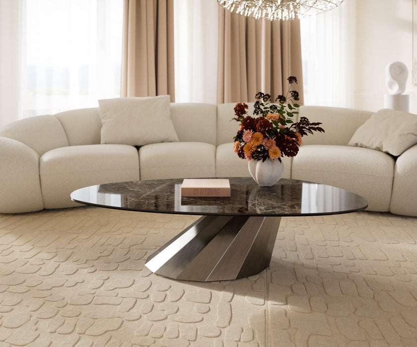 Oval Coffee Table Aurora 140x75cm Ceramic Emperador Extra Lucidato Parabi Frame Stainless Steel Silver