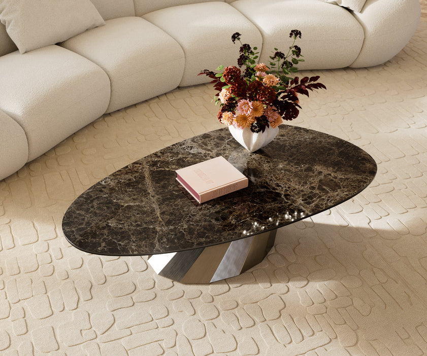 Oval Coffee Table Aurora 140x75cm Ceramic Emperador Extra Lucidato Parabi Frame Stainless Steel Silver
