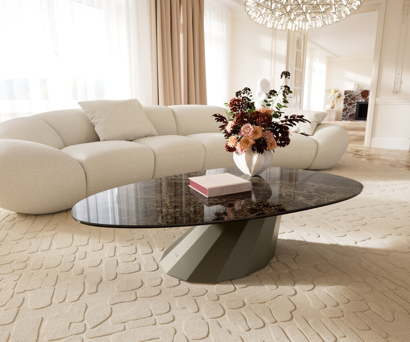 Oval Coffee Table Aurora 140x75cm Ceramic Emperador Extra Lucidato Parabi Frame Metal Titanium