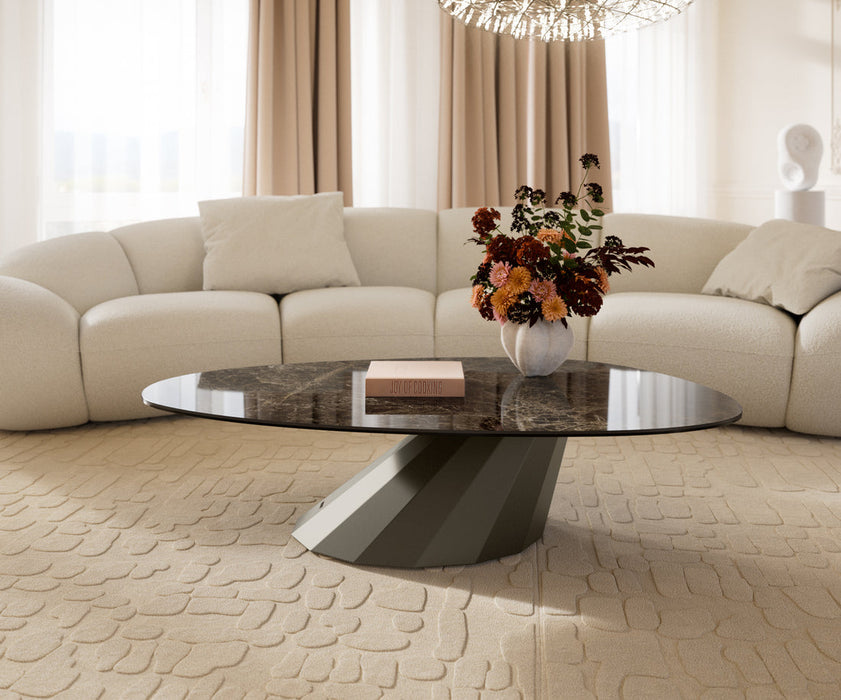 Oval Coffee Table Aurora 140x75cm Ceramic Emperador Extra Lucidato Parabi Frame Metal Titanium