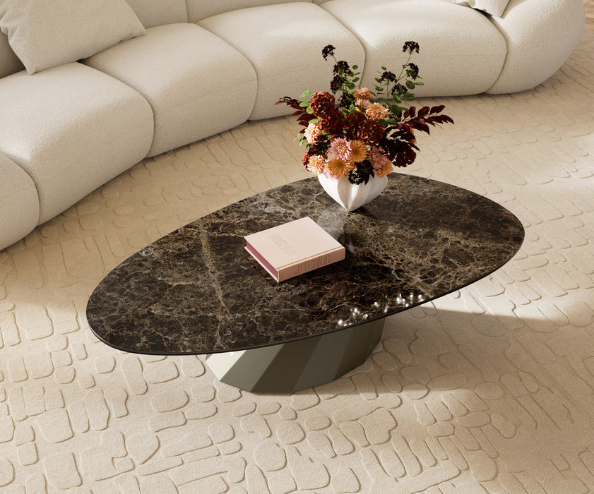 Oval Coffee Table Aurora 140x75cm Ceramic Emperador Extra Lucidato Parabi Frame Metal Titanium