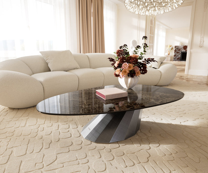 Oval Coffee Table Aurora 140x75cm Ceramic Emperador Extra Lucidato Parabi Frame Metal Silver