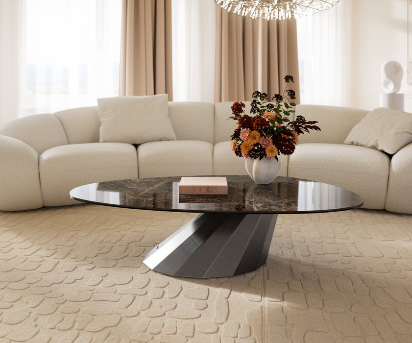 Oval Coffee Table Aurora 140x75cm Ceramic Emperador Extra Lucidato Parabi Frame Metal Silver