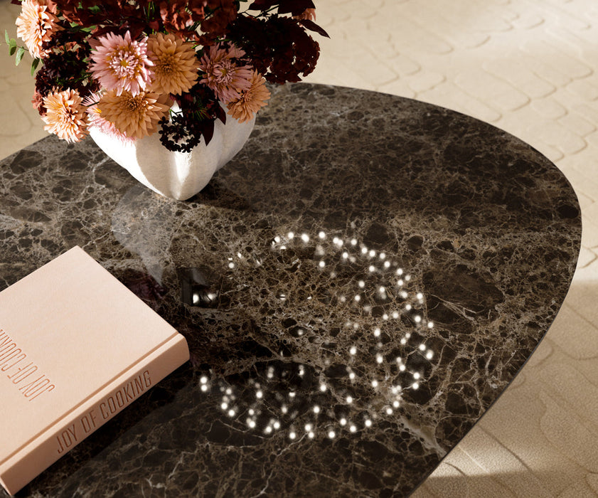 Oval Coffee Table Aurora 140x75cm Ceramic Emperador Extra Lucidato Parabi Frame Metal Silver