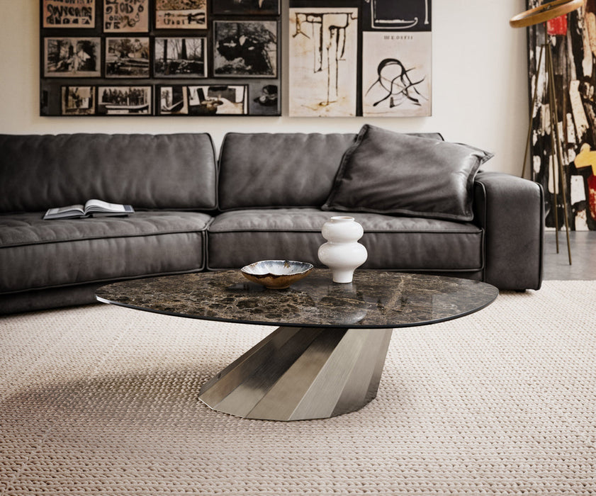 Coffee Table Aurora 140x76cm Ceramic Emperador Extra Lucidato Parabi Frame Stainless Steel Silver