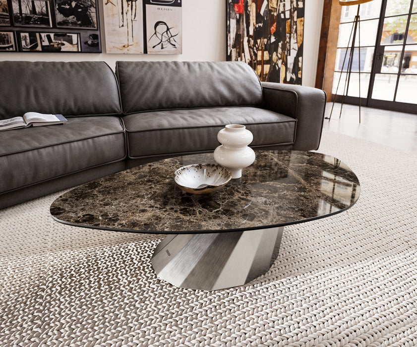 Coffee Table Aurora 140x76cm Ceramic Emperador Extra Lucidato Parabi Frame Stainless Steel Silver