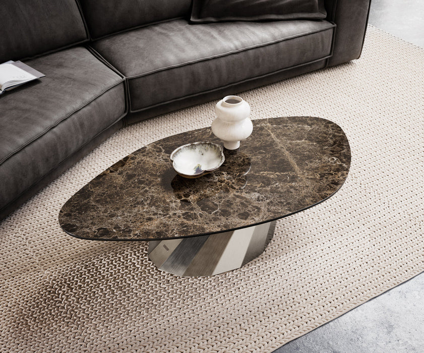 Coffee Table Aurora 140x76cm Ceramic Emperador Extra Lucidato Parabi Frame Stainless Steel Silver