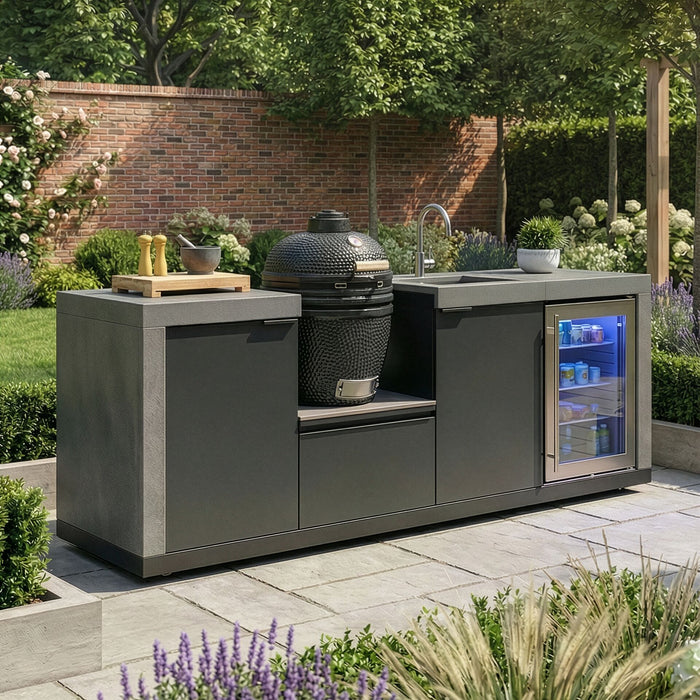 Ember Small Linear Outdoor Kitchen Kamado Set with Sink, Fridge & 18 inch Kamado - Grey