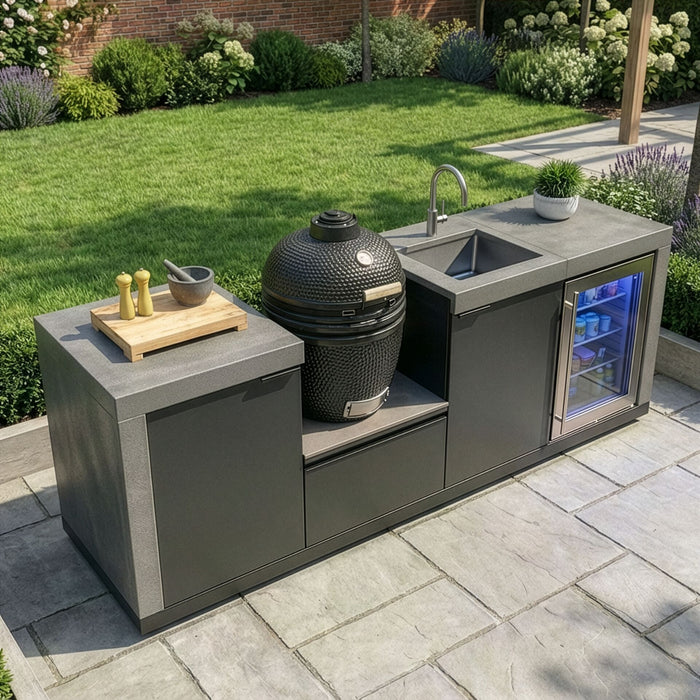 Ember Small Linear Outdoor Kitchen Kamado Set with Sink Fridge & 18 inch Kamado - Grey