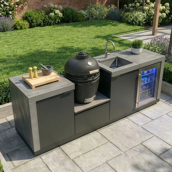 Ember Small Linear Outdoor Kitchen Kamado Set with Sink, Fridge & 18 inch Kamado - Grey