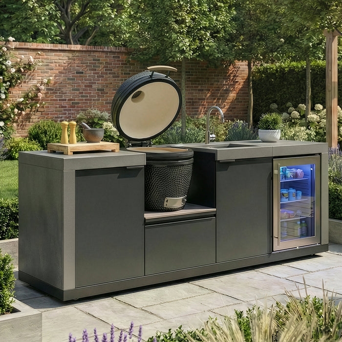 Ember Small Linear Outdoor Kitchen Kamado Set with Sink, Fridge & 18 inch Kamado - Grey