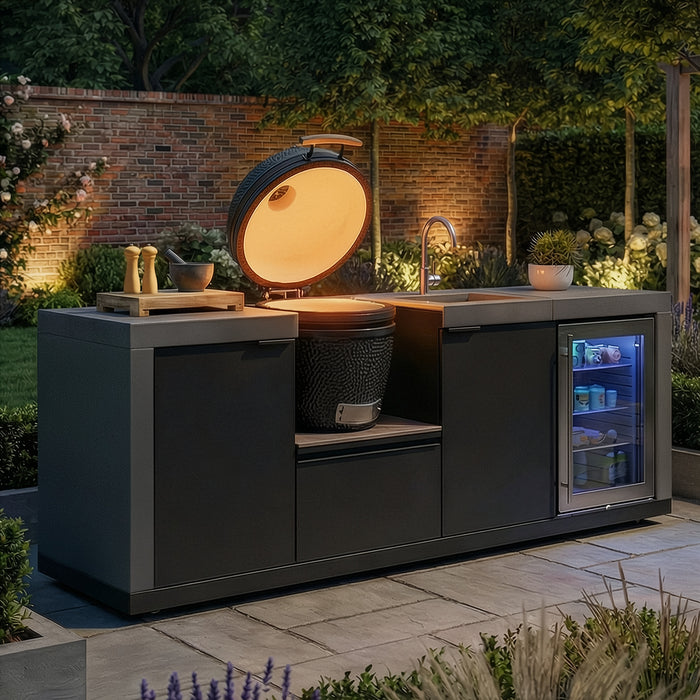 Ember Small Linear Outdoor Kitchen Kamado Set with Sink, Fridge & 18 inch Kamado - Grey