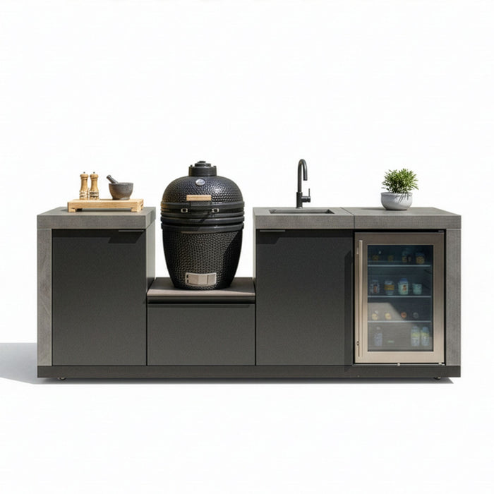 Ember Small Linear Outdoor Kitchen Kamado Set with Sink Fridge & 18 inch Kamado - Grey
