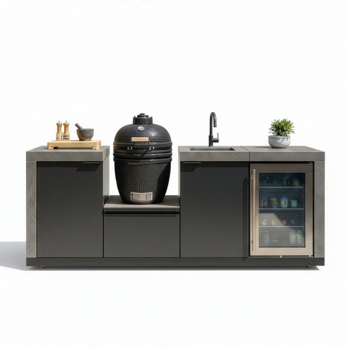 Ember Small Linear Outdoor Kitchen Kamado Set with Sink, Fridge & 18 inch Kamado - Grey