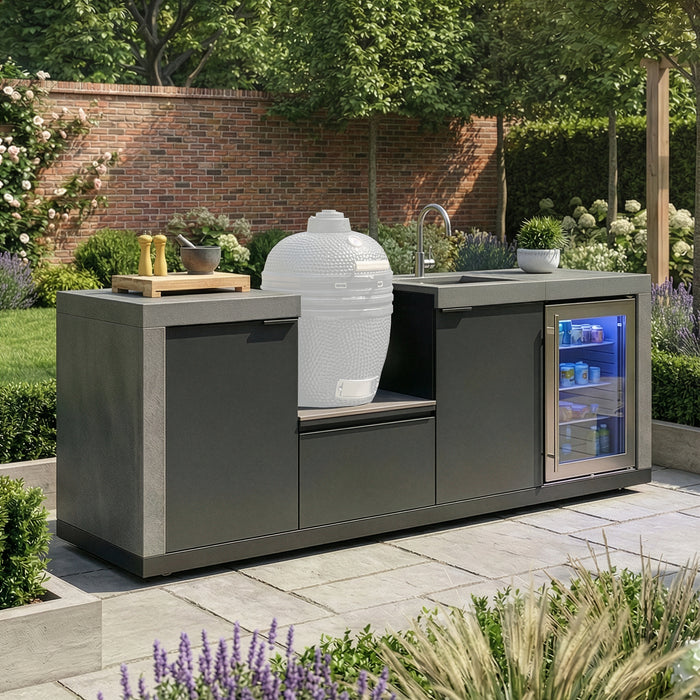 Ember Small Linear Outdoor Kitchen Kamado Set with Sink & Fridge - Grey