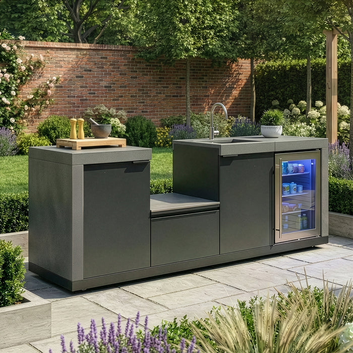 Ember Small Linear Outdoor Kitchen Kamado Set with Sink & Fridge - Grey