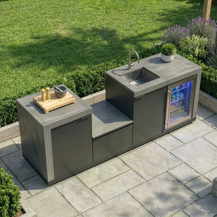 Ember Small Linear Outdoor Kitchen Kamado Set with Sink & Fridge - Grey