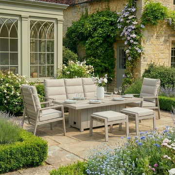 Valencia Reclining 3 Seat Aluminium Garden Sofa Set with Rising Table & Footstools - Latte