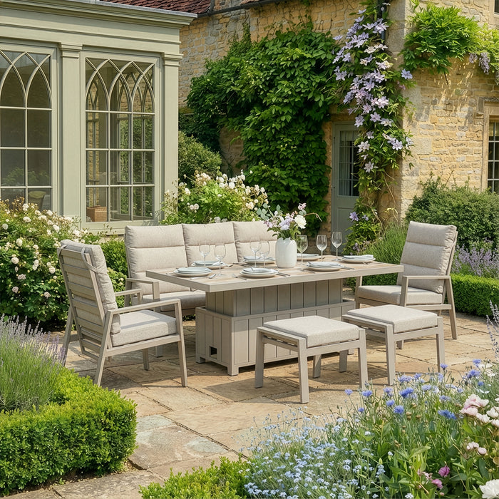 Valencia Reclining 3 Seat Aluminium Garden Sofa Set with Rising Table & Footstools - Latte