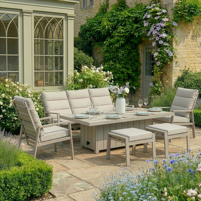 Valencia Reclining 3 Seat Aluminium Garden Sofa Set with Rising Table & Footstools - Latte