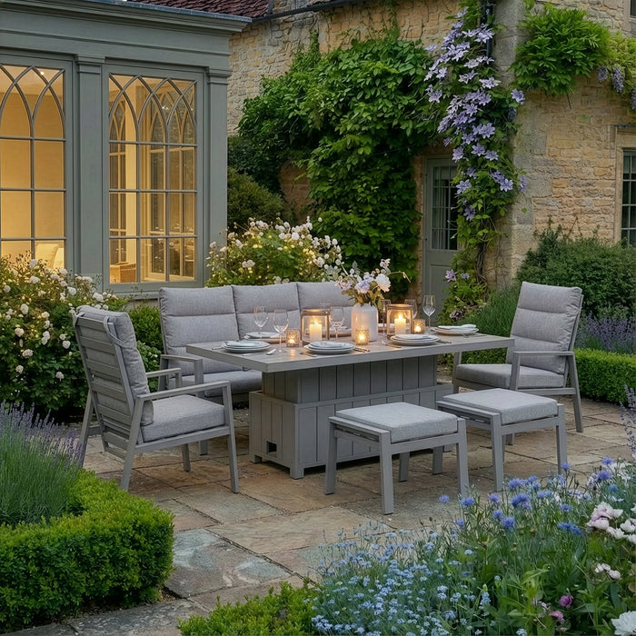 Valencia Reclining 3 Seat Aluminium Garden Sofa Set with Rising Table & Footstools - Latte