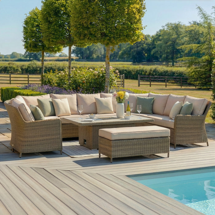 Winchester Royal U-Shaped Rattan Sofa Set with Rising Table - Ceramic Glass
