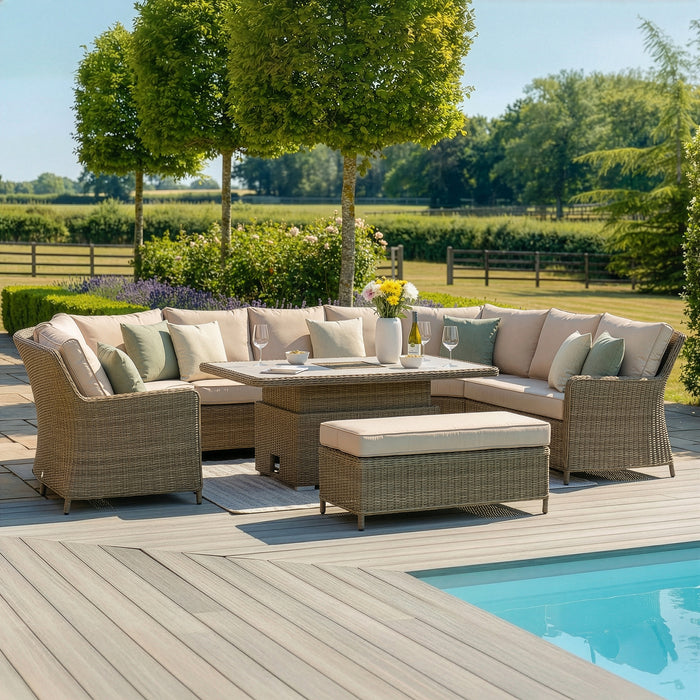 Winchester Royal U-Shaped Rattan Sofa Set with Rising Table - Ceramic Glass